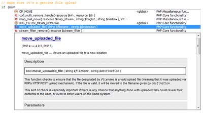 PHP code hints provide documentation and links to further explanations.