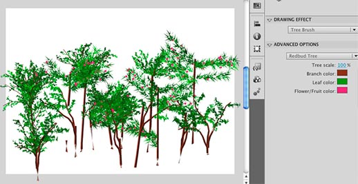Tree, flower, and vine brushes help to quickly add a natural setting, full of variety.