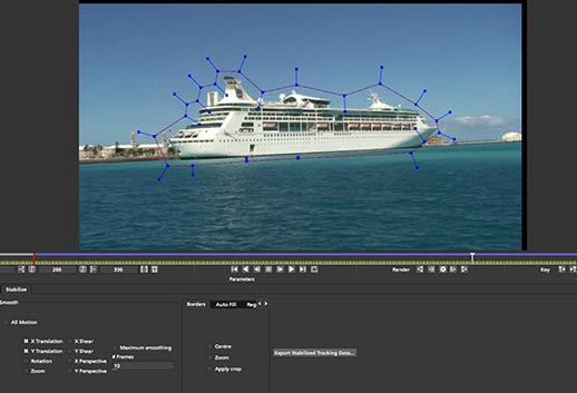 X spline outlining the plane of the ship for stabilizing in Mocha Pro.