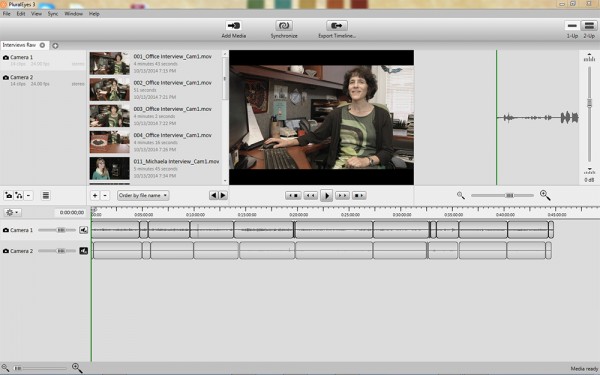 Pluraleyes will save you tons time syncing multiple camera and audio tracks, even with periodic clip breaks.